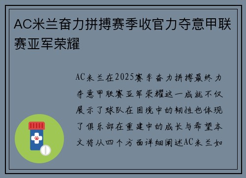 AC米兰奋力拼搏赛季收官力夺意甲联赛亚军荣耀