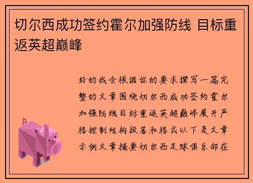 切尔西成功签约霍尔加强防线 目标重返英超巅峰 切尔西成功签约霍尔加强防线 目标重返英超巅峰