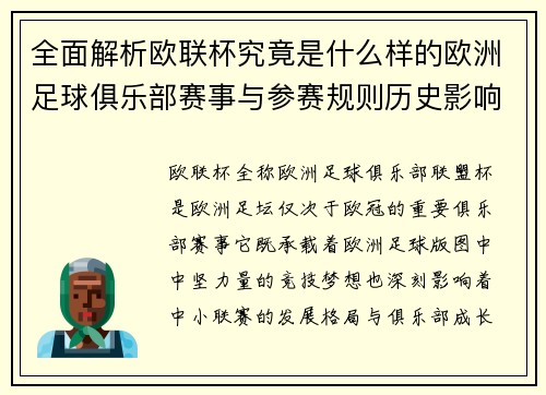 全面解析欧联杯究竟是什么样的欧洲足球俱乐部赛事与参赛规则历史影响